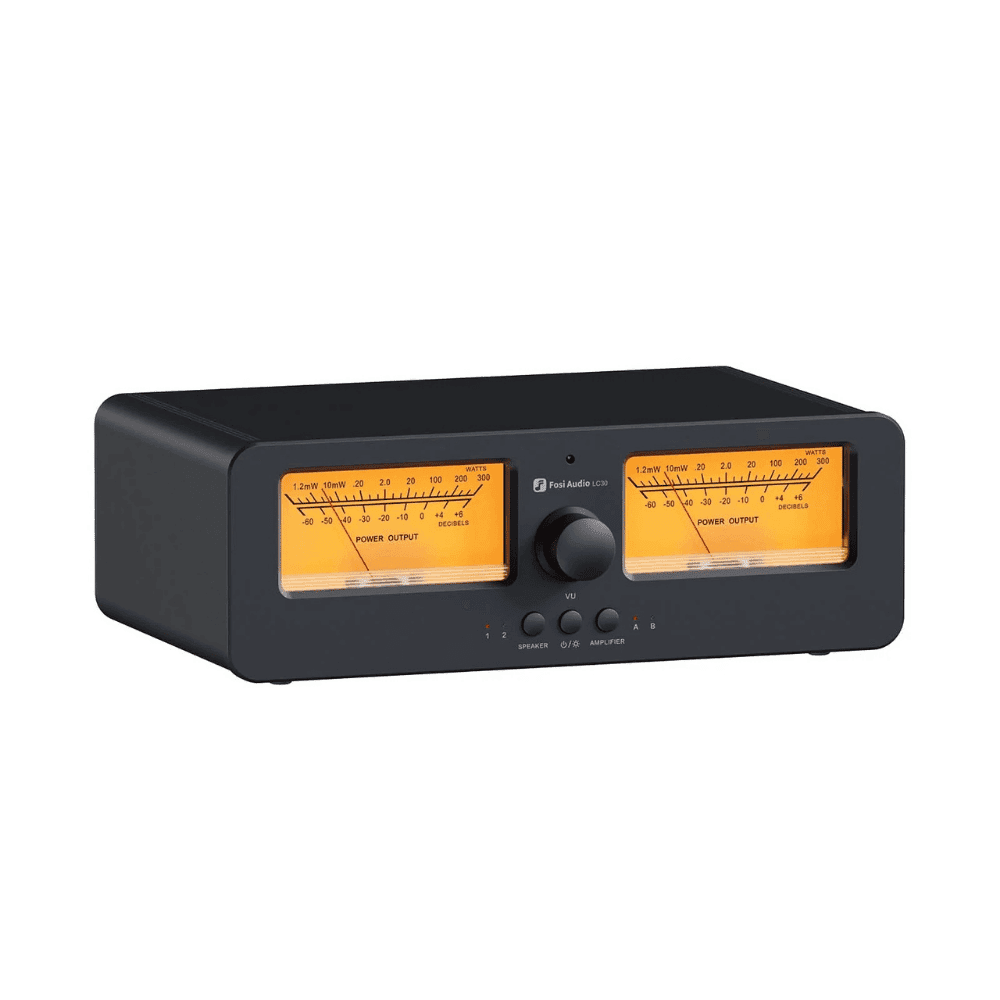 Fosi Audio LC30 Yellow speaker selector with dual analogue VU meters