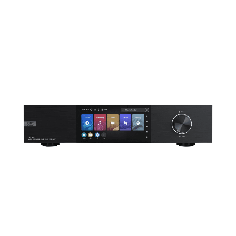 Eversolo DMP-A8 original network streamer with 6-inch touchscreen and volume control, black aluminium chassis