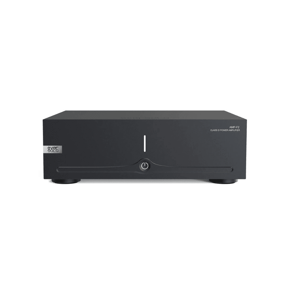 EverSolo AMP-F2 black Class D stereo power amplifier, front panel with illuminated power button