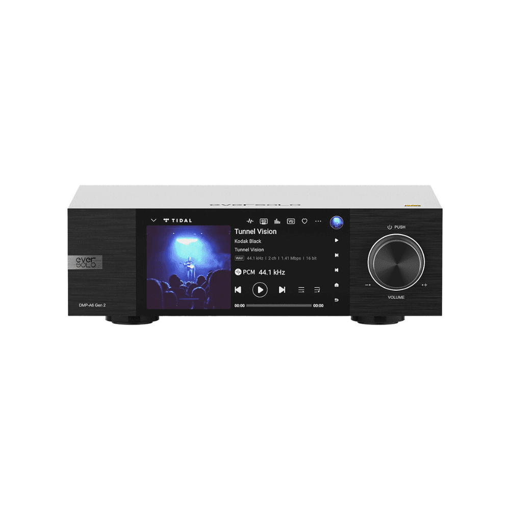 Eversolo DMP-A6 Gen 2 network music streamer with 6-inch touchscreen and black aluminium chassis