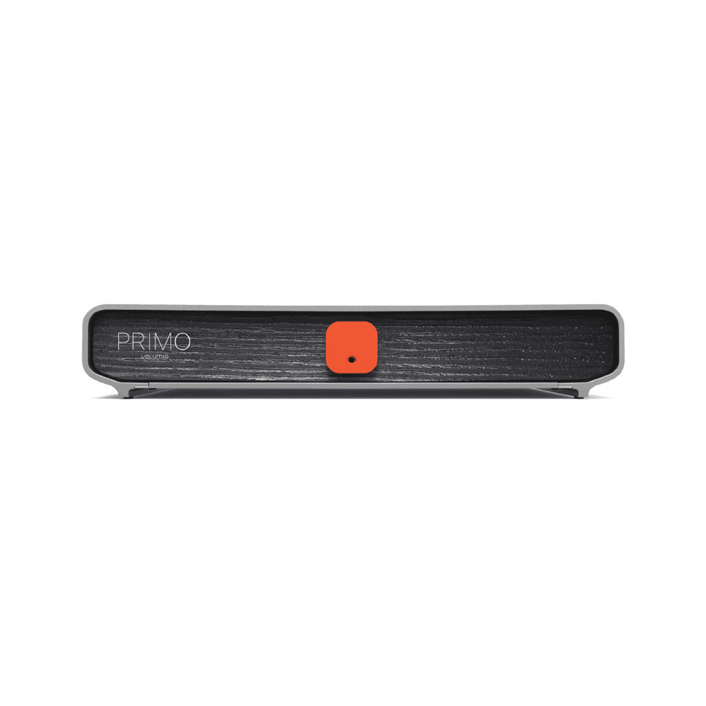 Volumio Primo V2 network music streamer with aluminium chassis, dark wood-effect front panel and integrated ESS DAC