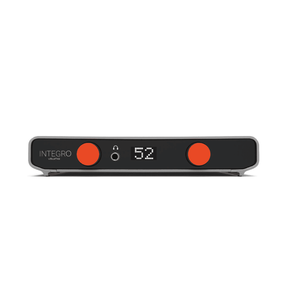Volumio Integro silver streaming integrated amplifier with orange volume controls and OLED display