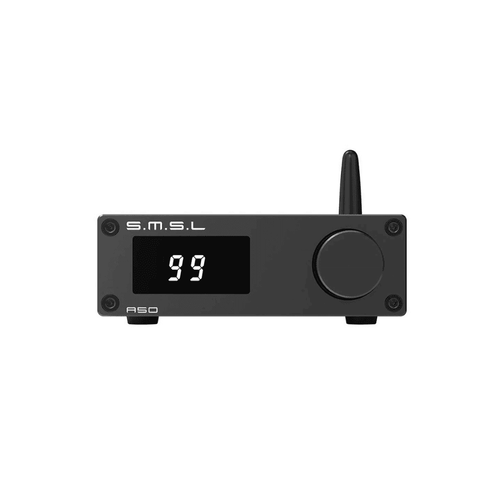 SMSL A50 black compact Class D Bluetooth 5.0 stereo integrated amplifier with front display and volume control