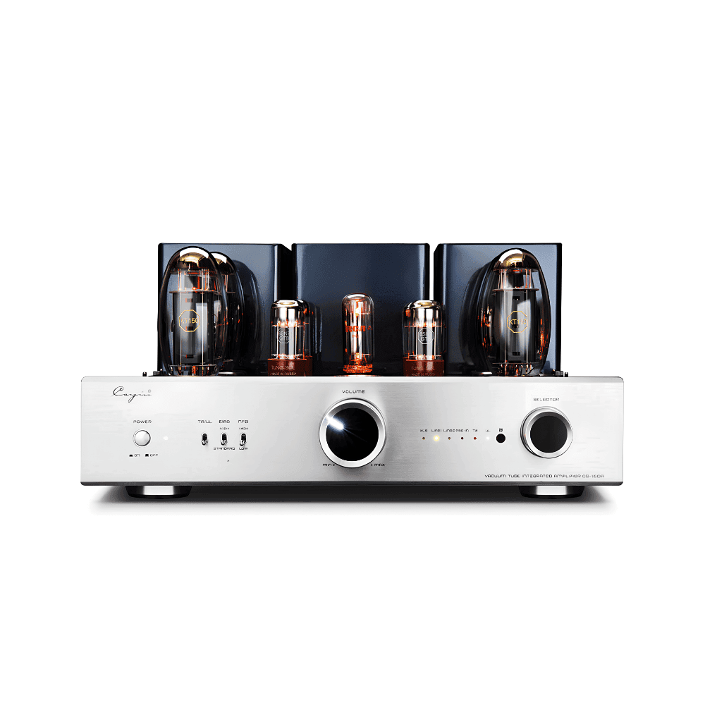 Cayin MT-35MK2 Plus Bluetooth tube integrated amplifier in silver with exposed EL34 output tubes and front bias meter