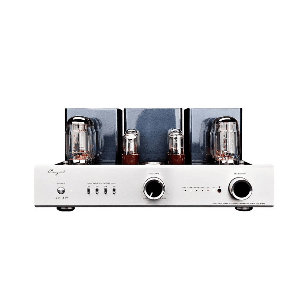 Cayin CS-88A KT88 vacuum tube integrated amplifier in silver with exposed valves and aluminium front panel