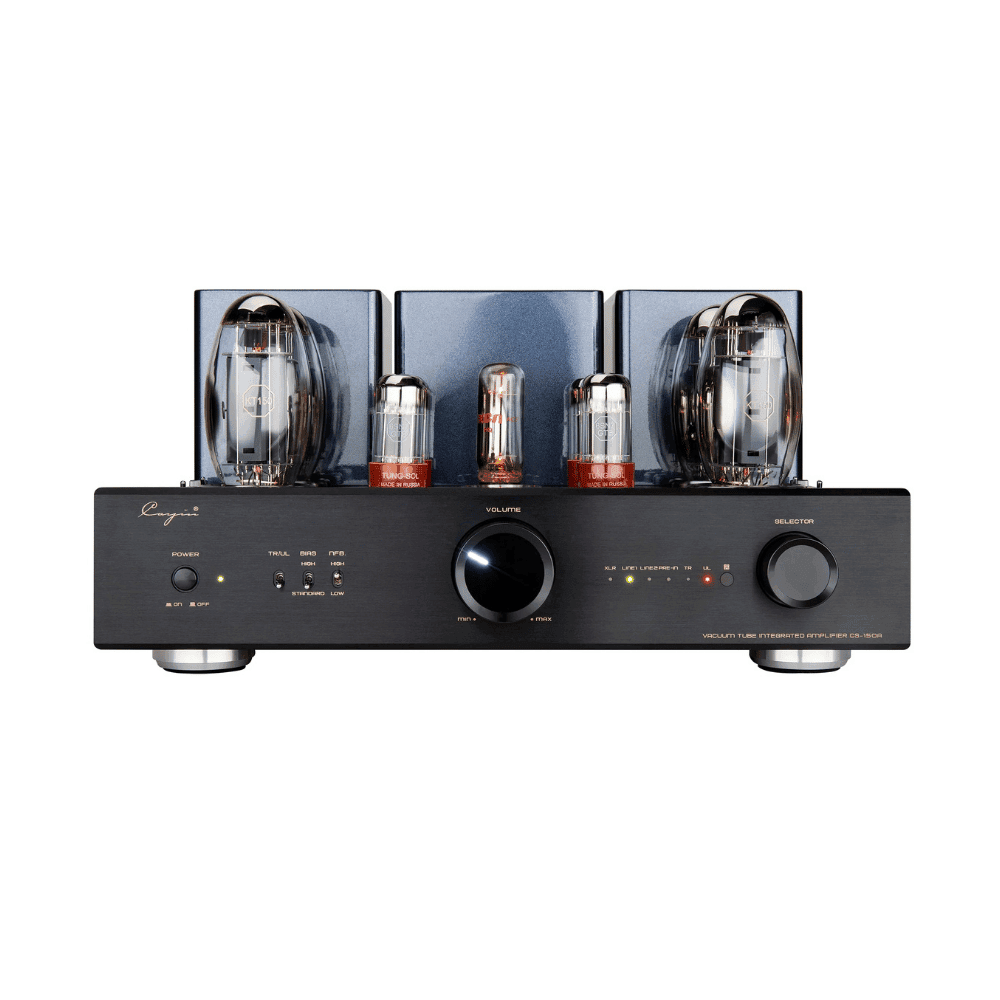 Cayin CS-150A KT150 vacuum tube integrated amplifier in silver with exposed output tubes and aluminium front panel