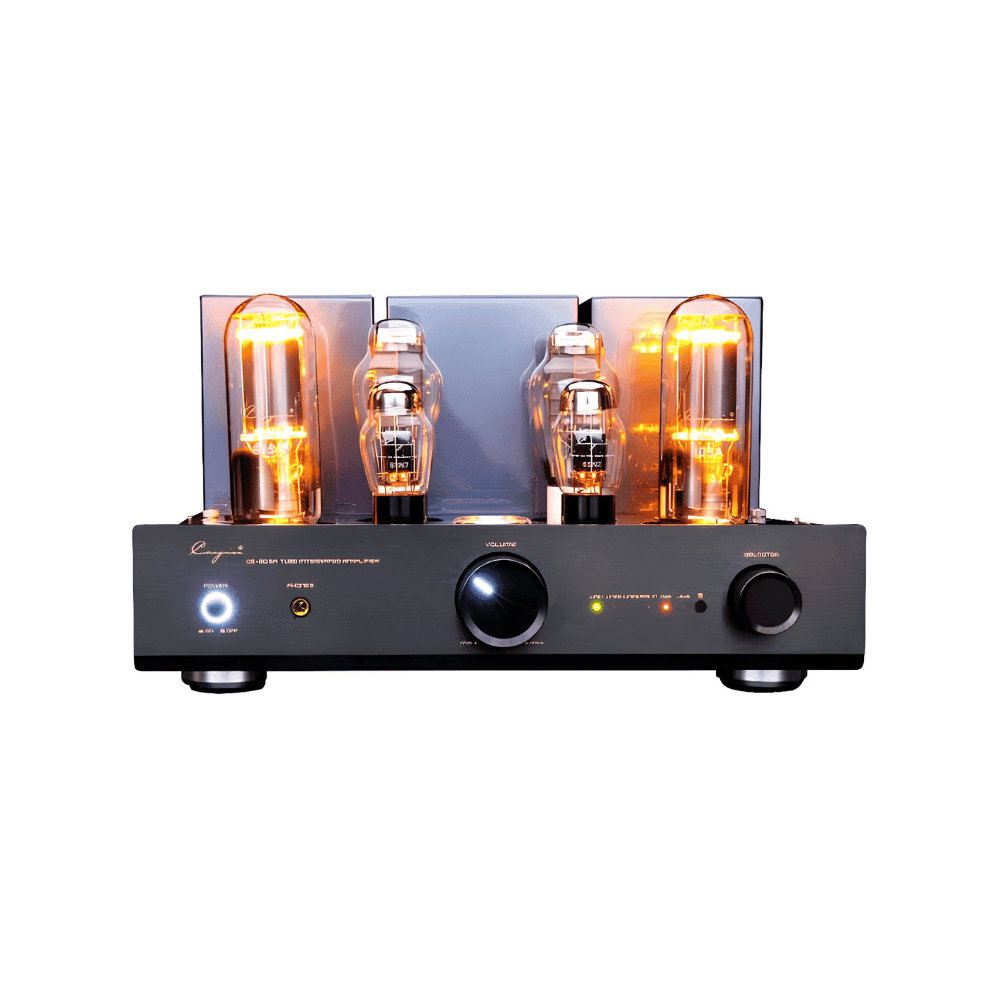Cayin CS-805A single-ended Class A tube integrated amplifier in silver with 805A output tubes and 300B driver tubes