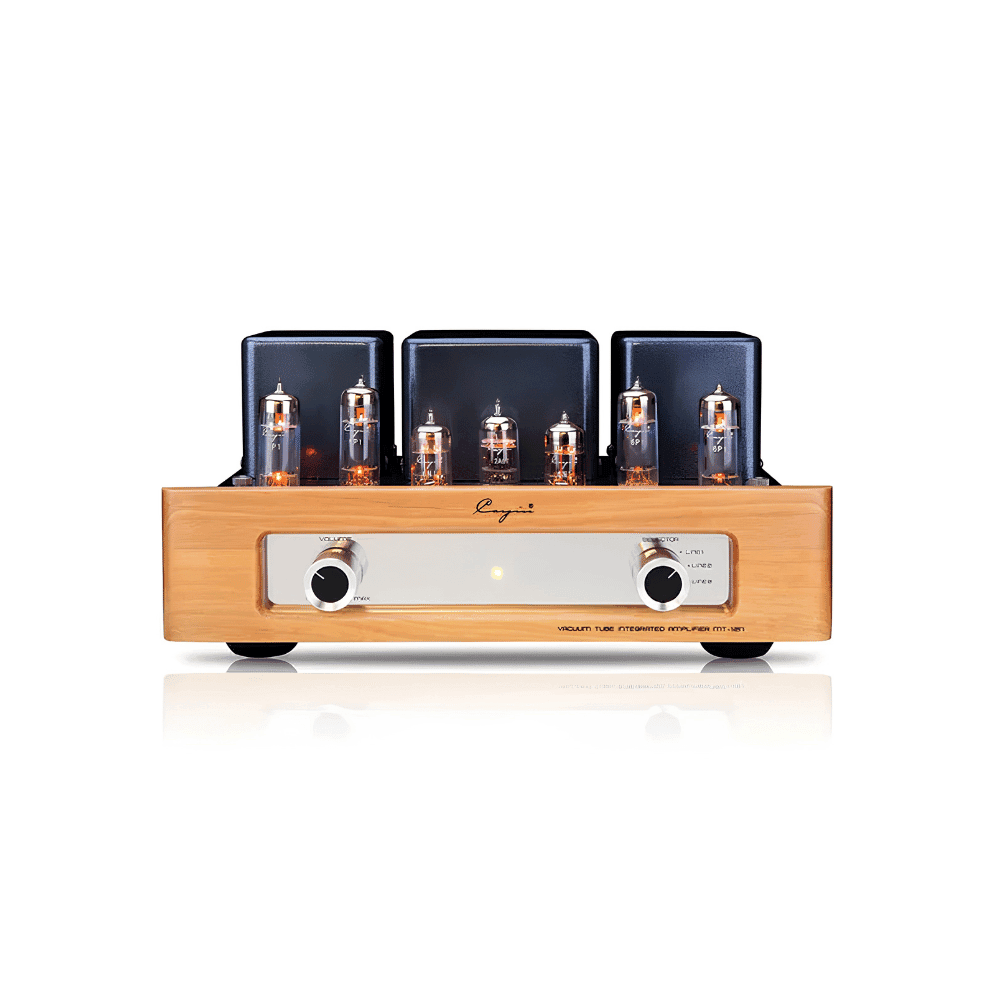 Cayin MT-12N compact tube integrated amplifier with wooden front panel, chrome detailing and exposed vacuum tubes
