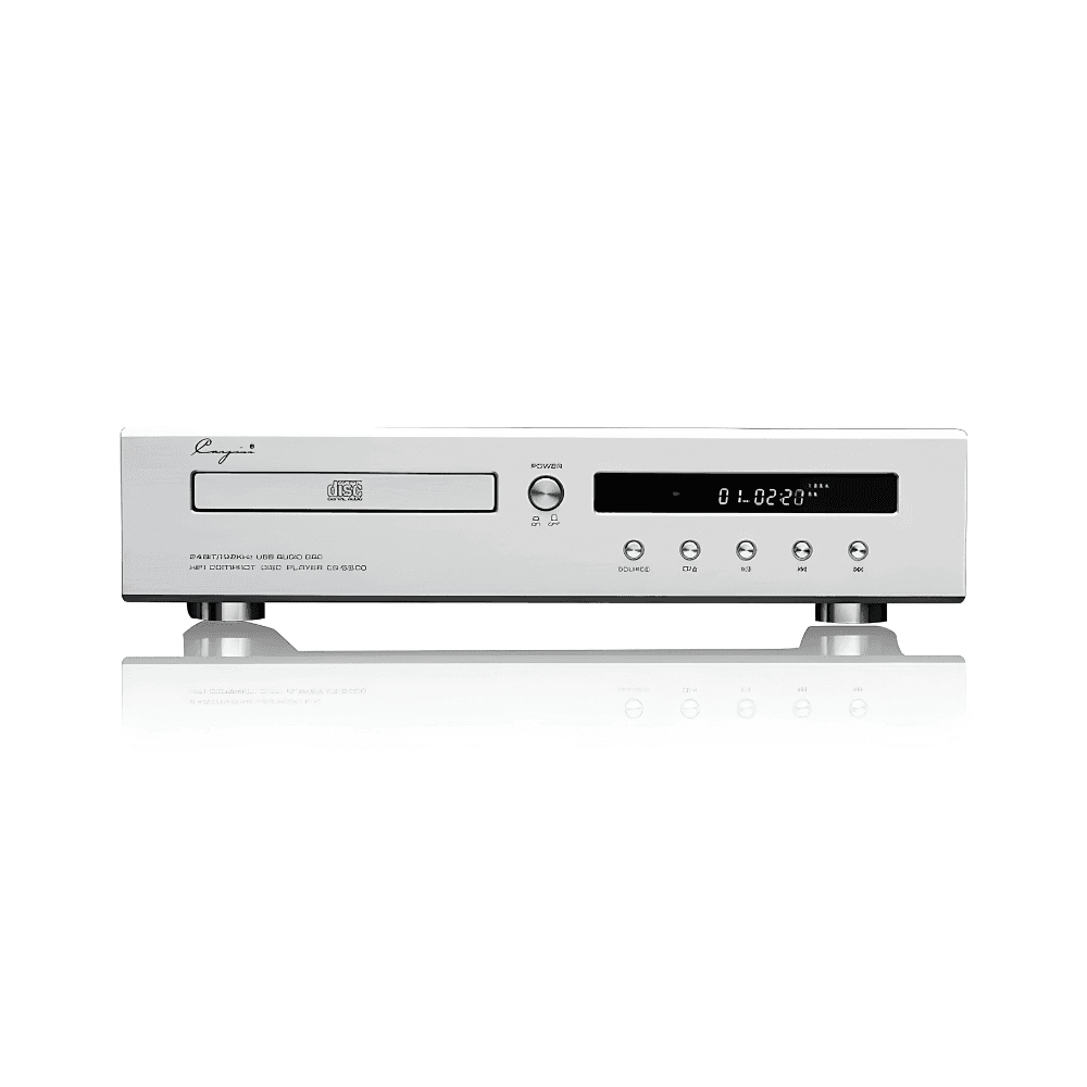 Cayin CS-55CD tube CD player in silver with aluminium front panel, CD tray and vacuum fluorescent display