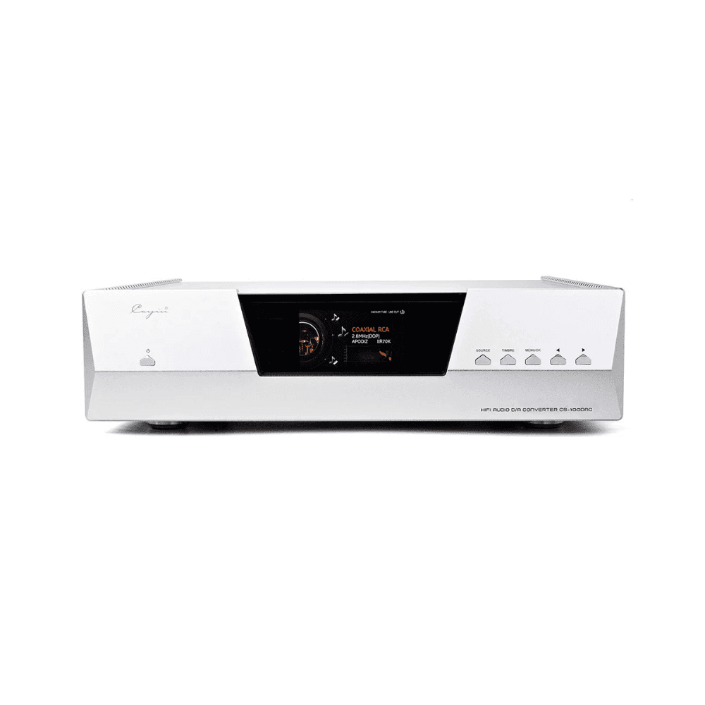 Cayin CS-100DAC digital-to-analogue converter front view with colour AMOLED display and aluminium chassis