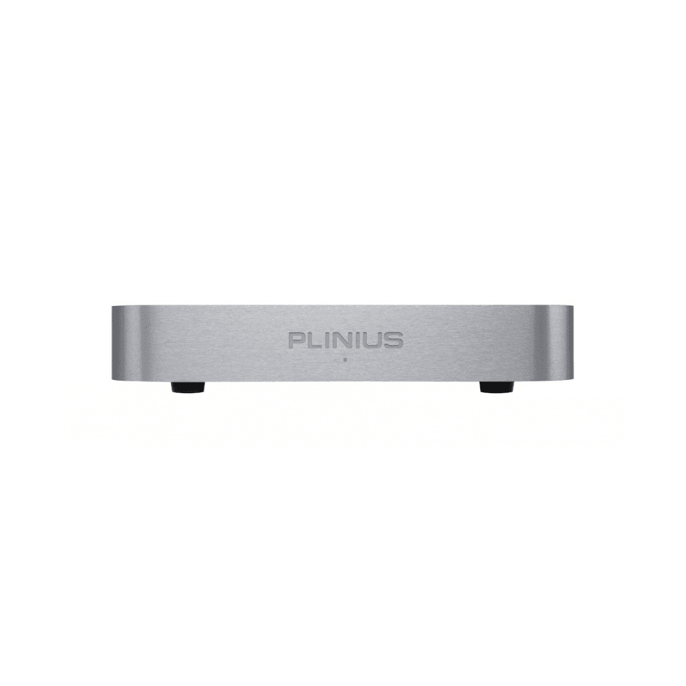 Plinius Koru high-end phono preamplifier in silver with curved aluminium front panel and separate power supply section