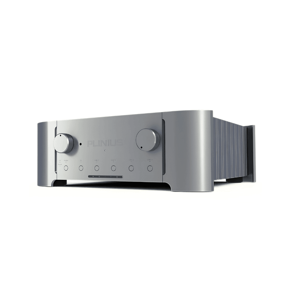 Plinius Reference M-10 high-end silver preamplifier with dual volume and balance controls and sculpted aluminium chassis