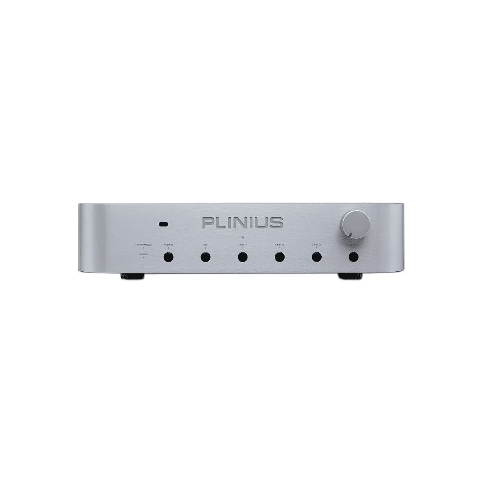 Plinius Kaitaki high-end stereo preamplifier in silver with aluminium front panel, source selection buttons and rotary volume control