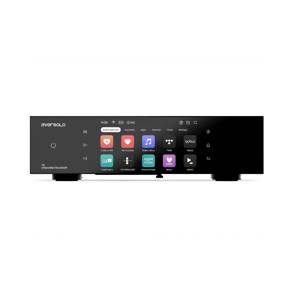 Eversolo T8 digital network streaming transport with 6-inch touchscreen, front view in black