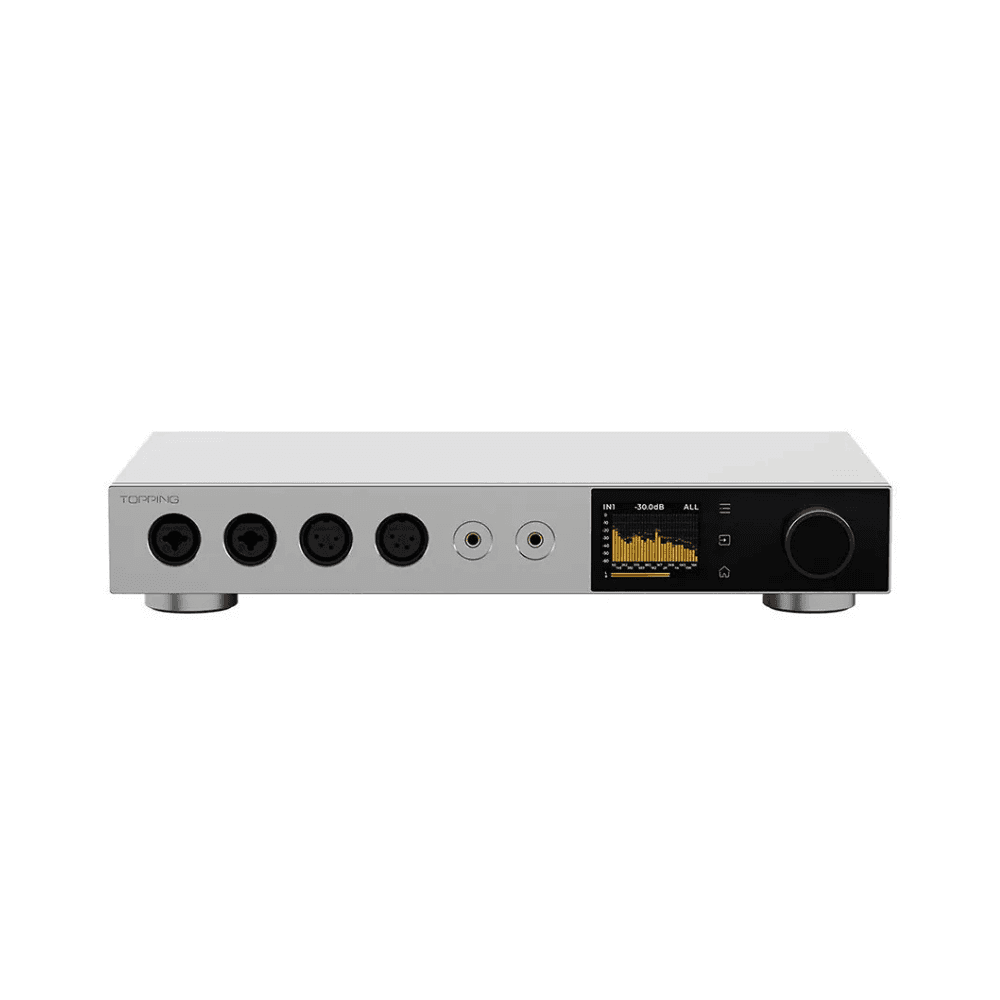 Topping A900 balanced headphone amplifier front view in silver
