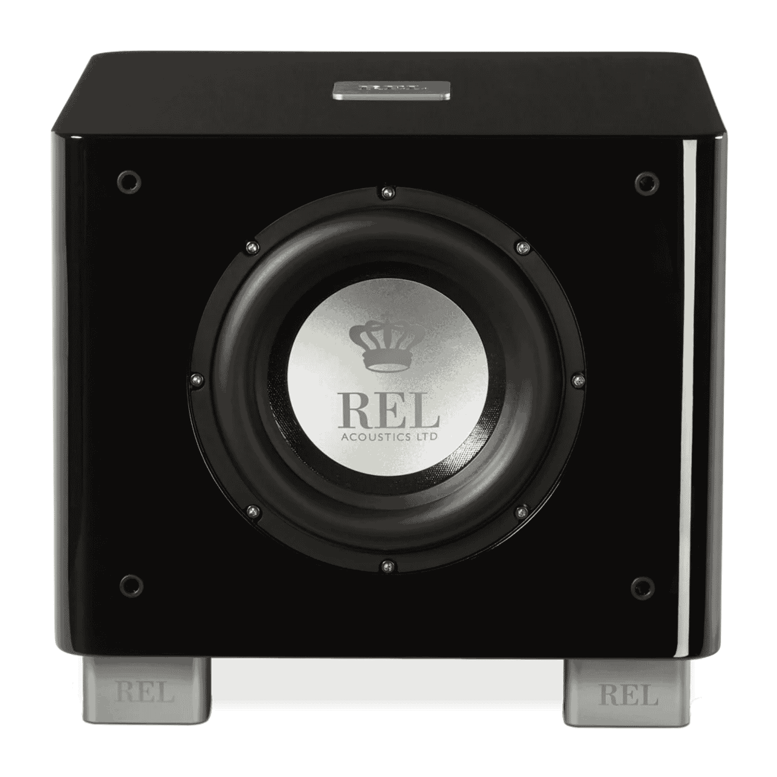REL T/7x subwoofer front view in Piano Black