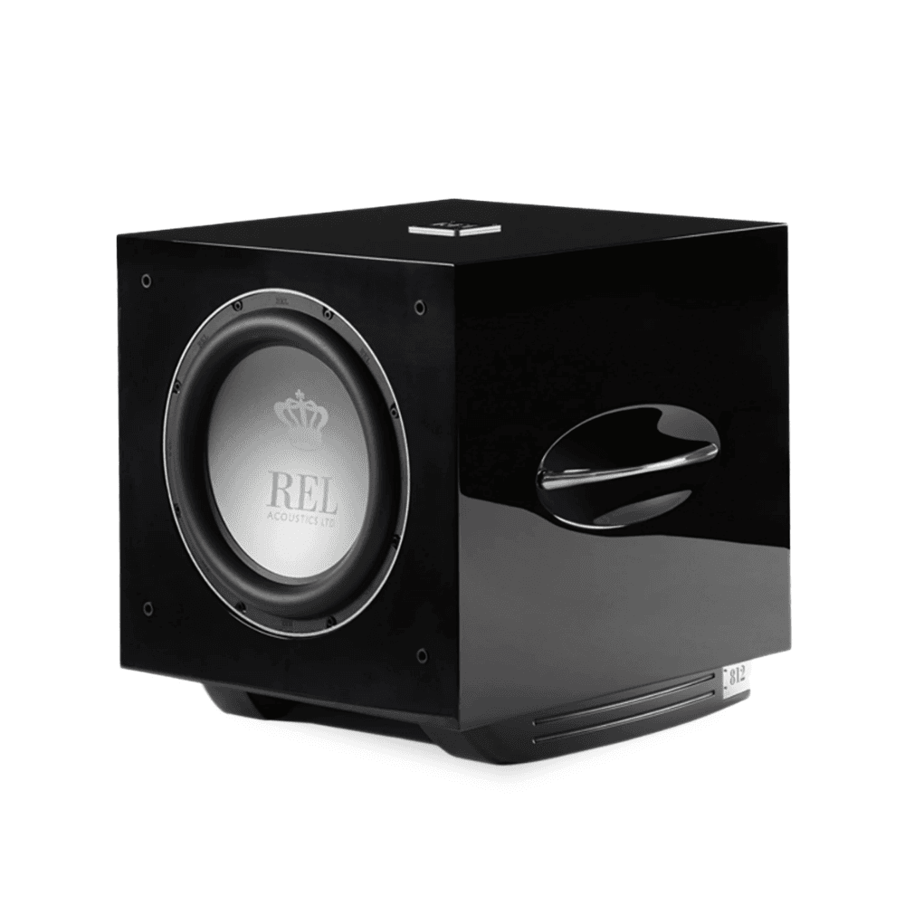 REL S/812 powered subwoofer in Piano Black with front-firing 12-inch active driver