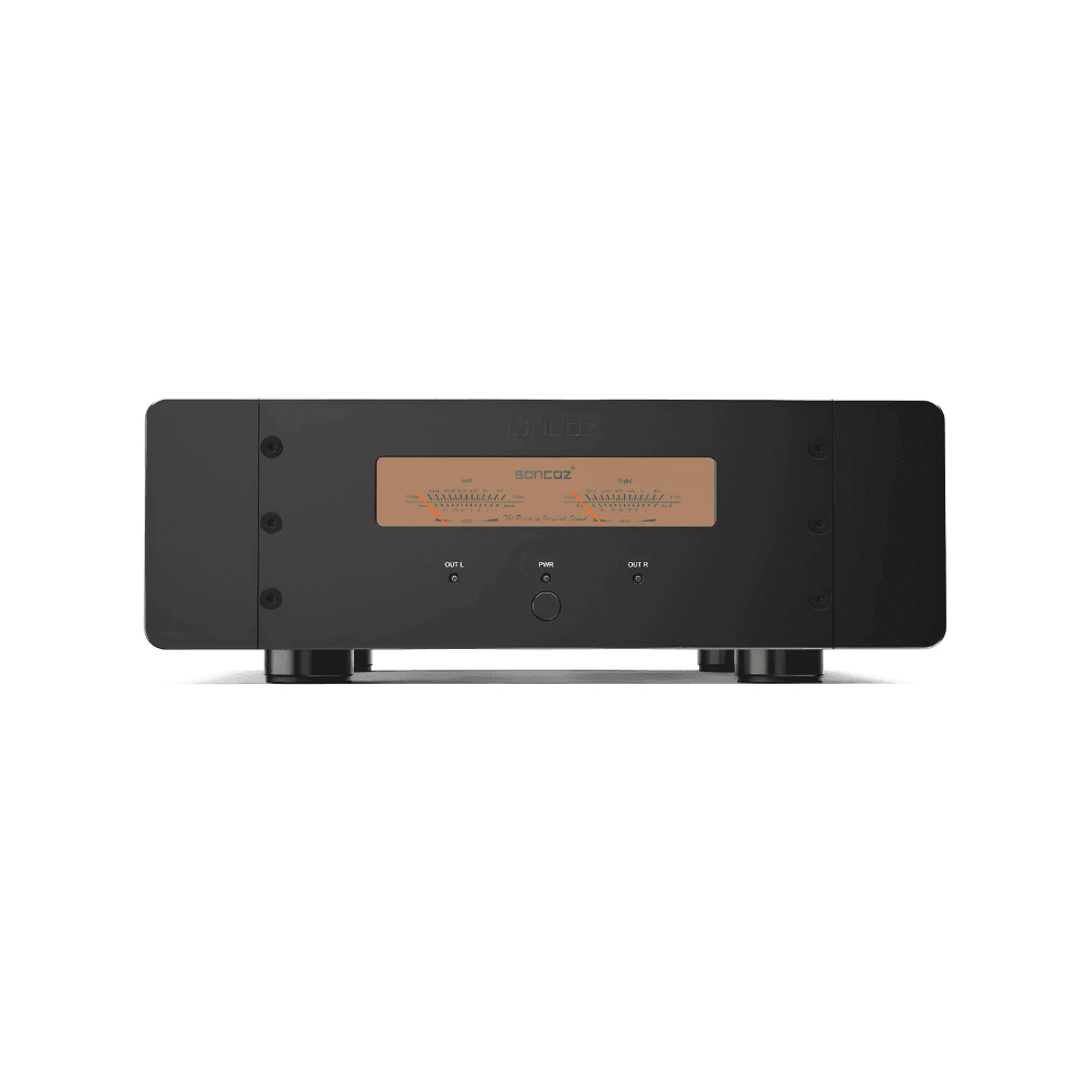 Soncoz SGP1 Class AB stereo power amplifier in Black with dual illuminated VU meters
