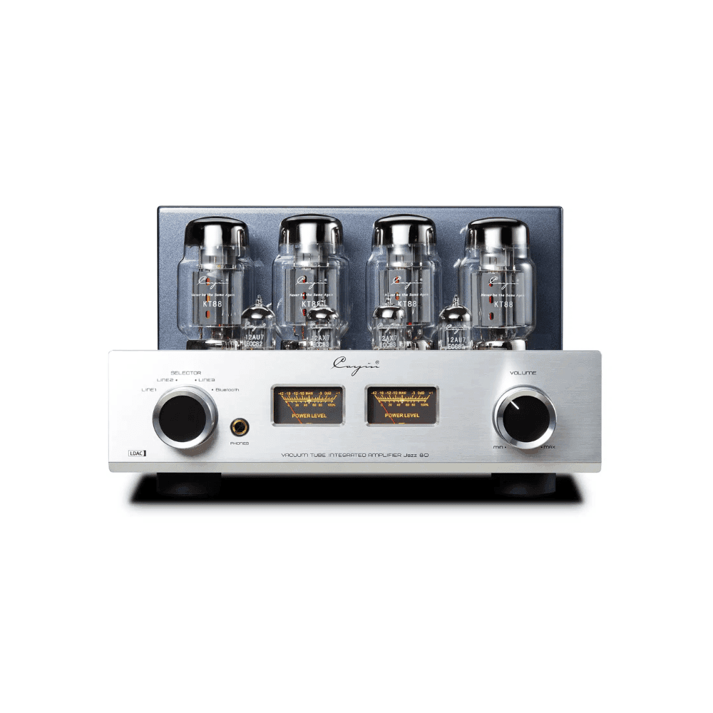Cayin Jazz 80 Bluetooth tube integrated amplifier in silver with KT88 tubes and illuminated dual VU meters