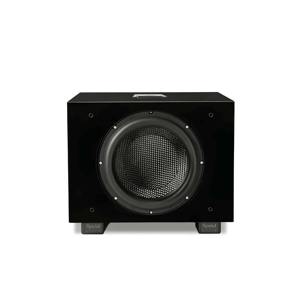 REL Carbon Special Black Label subwoofer in Piano Black with premium wood grille